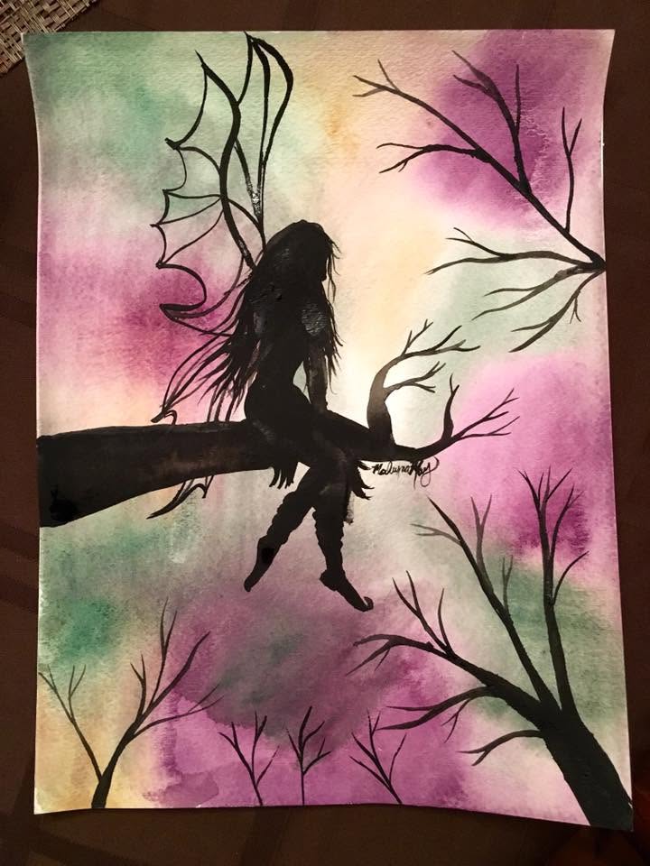 Watercolor Fairy Silhouette Cliff Canvas Painting